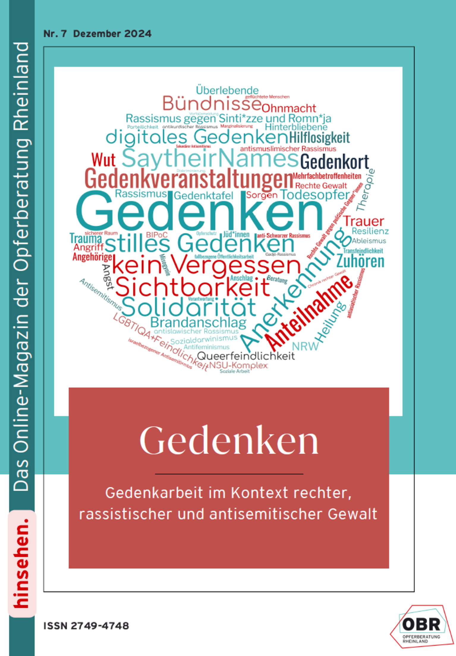 Cover Online-Magazin Hinsehen: Gedenken. Gedenkarbeit im Kontext rechter, rassistischer und antisemitischer Gewalt. Nr. 7 | Ausgabe 2/2024