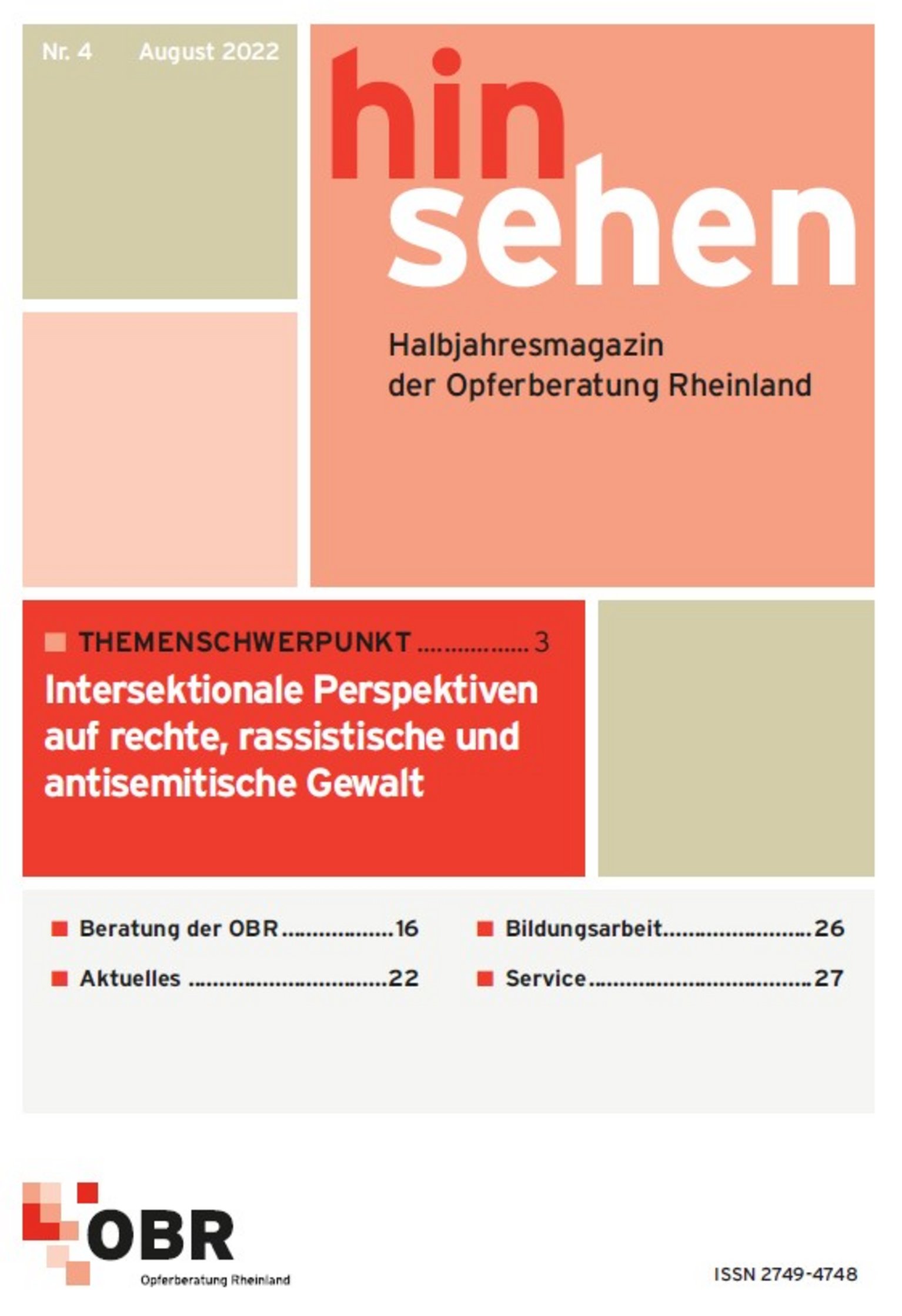 Cover: Hinsehen. Online-Halbjahresmagazin der OBR. Themenschwerpunkt: Intersektionale Perspektiven auf rechte, rassistische und antisemitische Gewalt. Magazin Nr. 4. Ausgabe 1/2022. 
