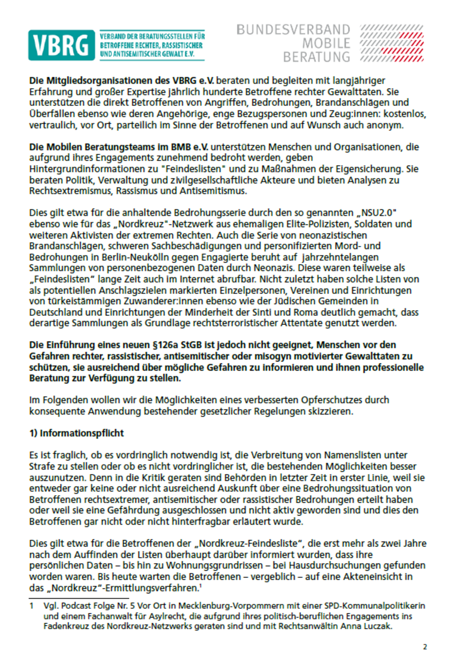 Pressemitteilung VBRG Stellungnahme zum „Entwurf eines Gesetzes zur Änderung des Strafgesetzbuches – Verbesserung des strafrechtlichen Schutzes gegen sogenannte Feindeslisten“