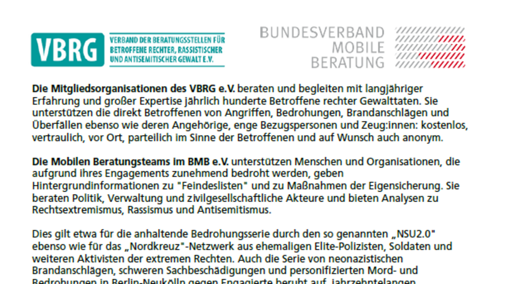 Pressemitteilung VBRG Stellungnahme zum „Entwurf eines Gesetzes zur Änderung des Strafgesetzbuches – Verbesserung des strafrechtlichen Schutzes gegen sogenannte Feindeslisten“