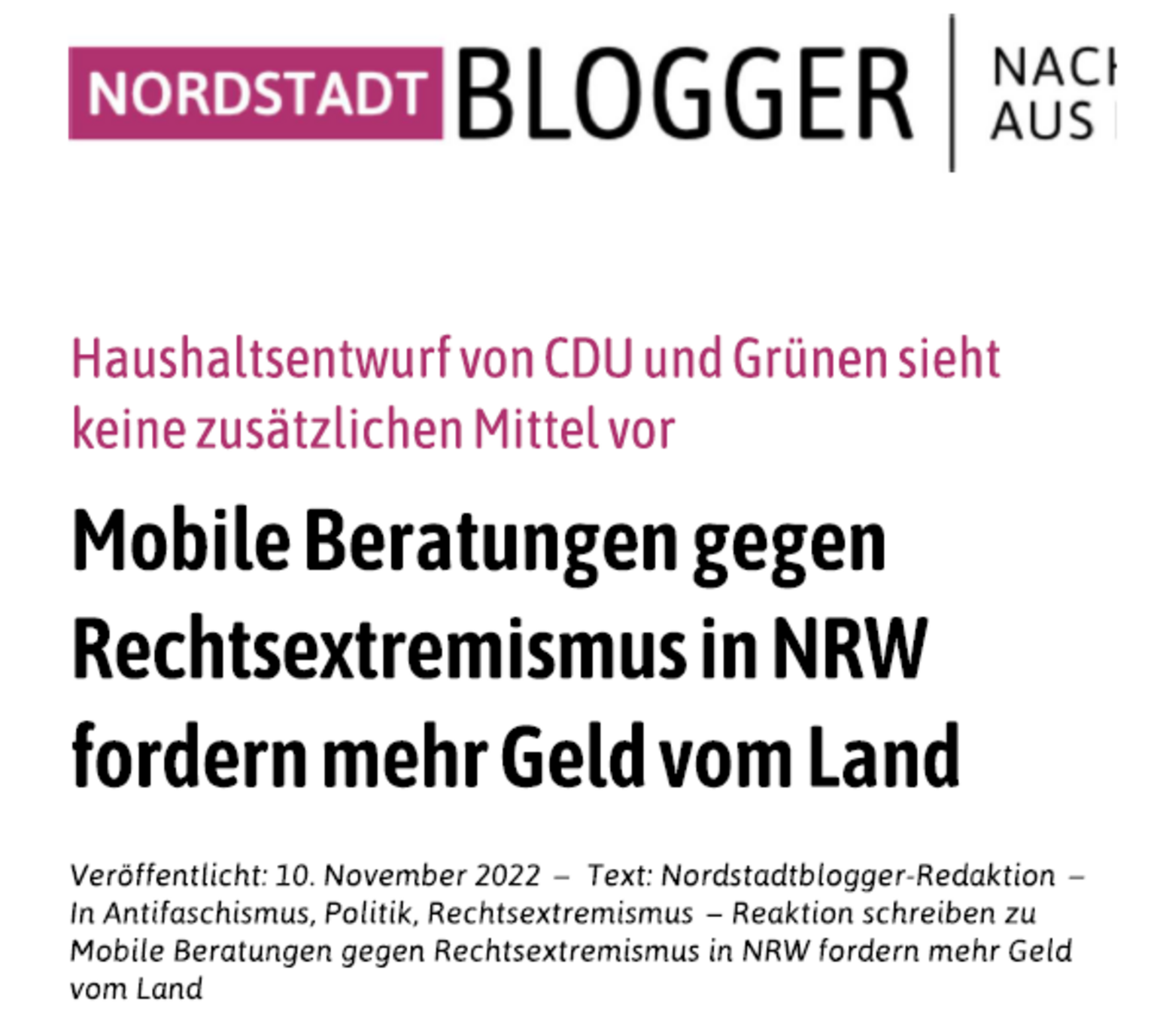 Artikelausschnitt: Nordstadtblogger. 09.11.2022