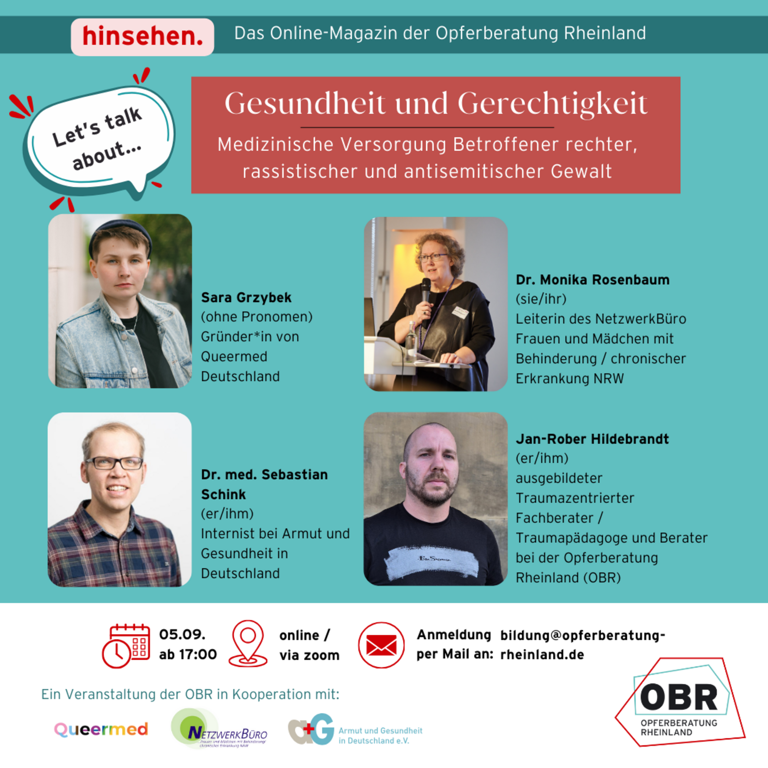 Info-Flyer zur Veranstaltung: Online-Talk:  Let’s talk about... Gesundheit und Gerechtigkeit. Medizinische Versorgung Betroffener rechter, rassistischer und antisemitischer Gewalt.  05.09.2024 | 17:00 - 18:30 Uhr (Einlass ab 16:55 Uhr) | online (via Zoom) 