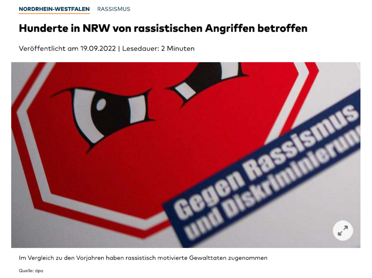 Artikel: Rassistische Angriffe betreffen Hunderte in NRW. 19.09.2022. WELT/dpa.