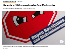 Artikel: Rassistische Angriffe betreffen Hunderte in NRW. 19.09.2022. WELT/dpa.