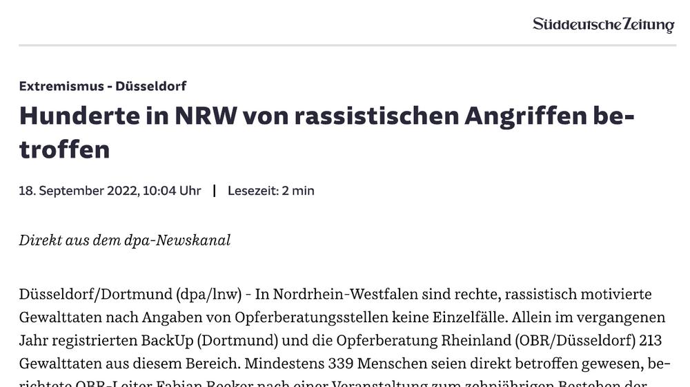 Artikelausschnitt: Süddeutsche Zeitung. Hunderte in NRW von rassistischen Angriffen betroffen. 18.09.2022