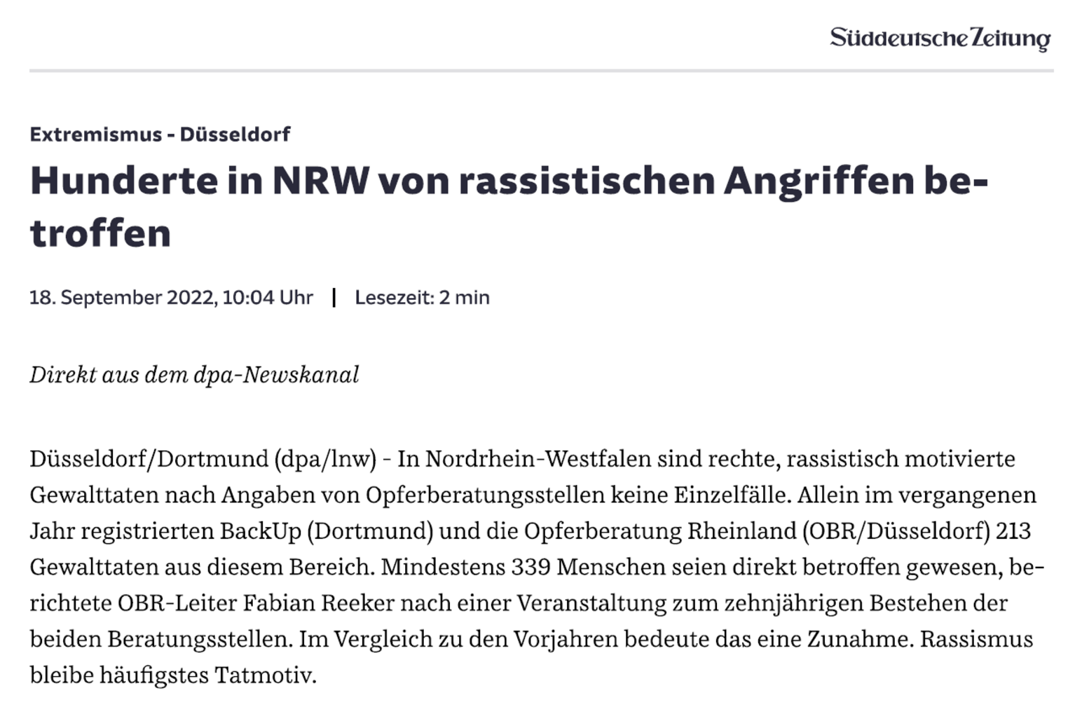 Artikelausschnitt: Süddeutsche Zeitung. Hunderte in NRW von rassistischen Angriffen betroffen. 18.09.2022