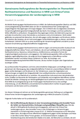 Gemeinsame Stellungnahme der Beratungsstellen im Themenfeld Rechtsextremismus und Rassismus in NRW zum Entwurf eines Versammlungsgesetzes der Landesregierung in NRW