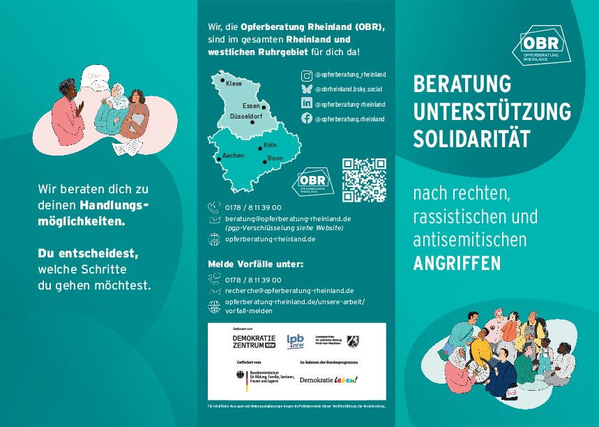 Flyer der Opferberatung Rheinland zum Beratungsangebot für Betroffene nach rechter, rassistischer und antisemitischer Gewalt (2026).