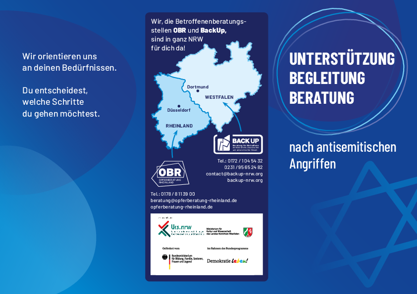 Flyer zum Beratungsangebot der Opferberatungsstellen in NRW, BackUp und OBR, für Betroffene nach antisemitischer Gewalt in NRW (2026).
