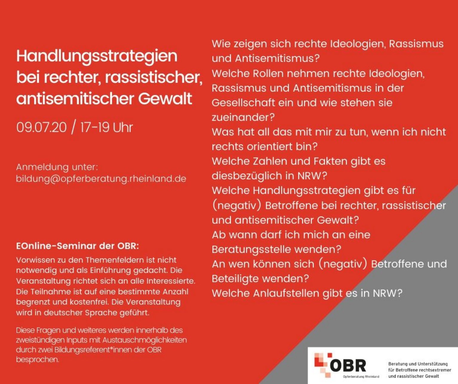 Online-Seminar: Handlungsstrategien bei rechter, rassistischer und antisemitischer Gewalt für Betroffene und Beteiligte Online-Seminar: Handlungsstrategien bei rechter, rassistischer und antisemitischer Gewalt für Betroffene und Beteiligte