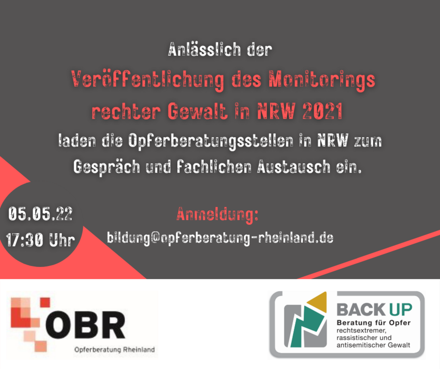 Anlässlich der  Veröffentlichung des Monitorings rechter Gewalt in NRW 2021  laden die Opferberatungsstellen in NRW zum Gespräch und fachlichen Austausch ein. Anmeldung:  bildung@opferberatung-rheinland.de