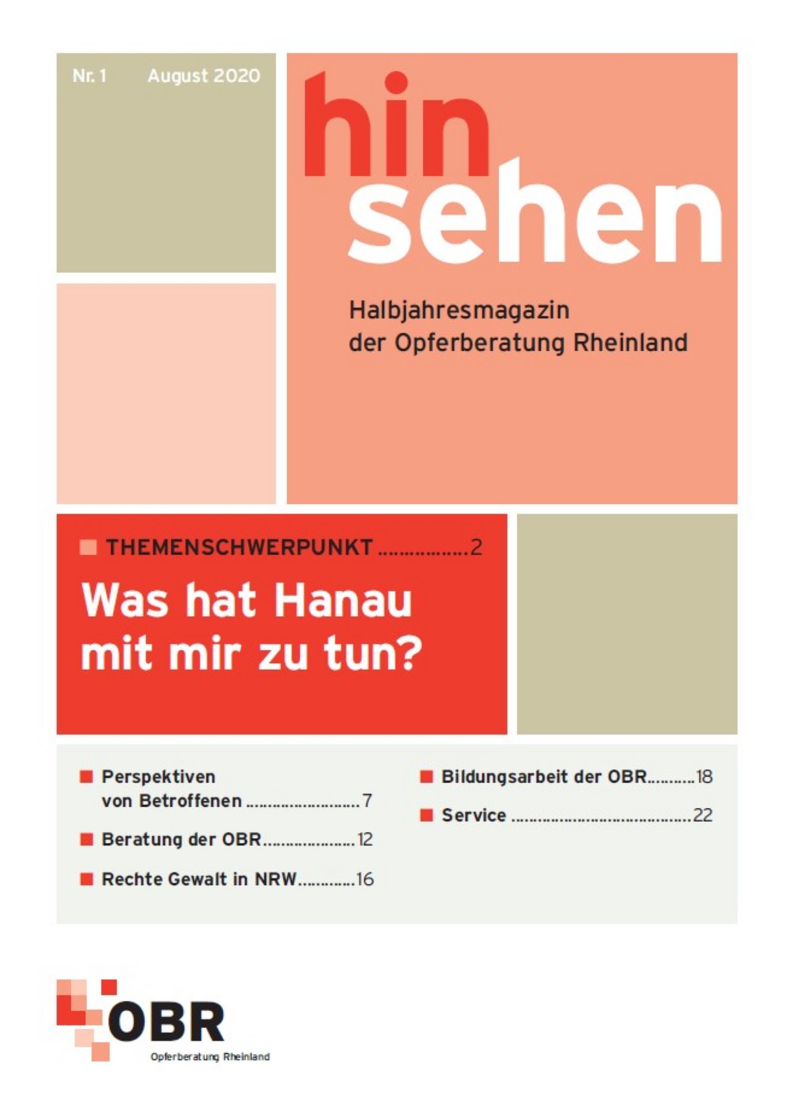 Cover Magazin "Hinsehen" Nr. 1 der OBR. Ausgabe 1/2021. Themenschwerpunkt: Was hat Hanau mit mir zu tun?