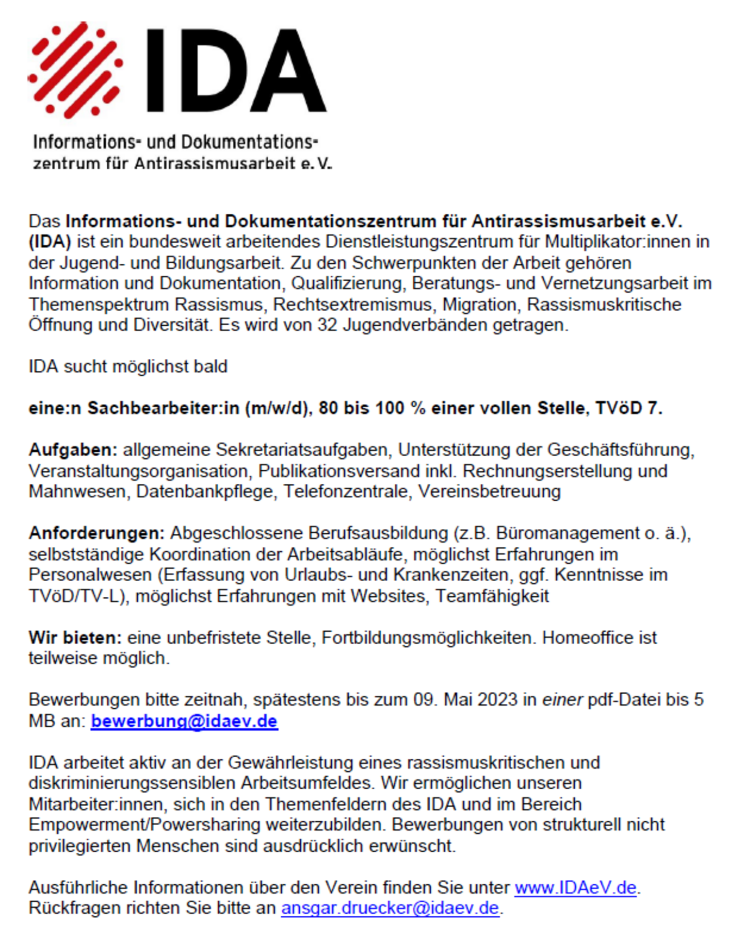 Stellenausschreibung des IDA e.V. für eine:n Sachbearbeiter:in (m/w/d)