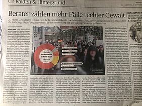 Artikel der Rheinischen Post (Print / Zeitung) vom 15.09.2022: Berater zählen mehr Fälle rechter Gewalt. Rheinische Post / Verena Kensbock.